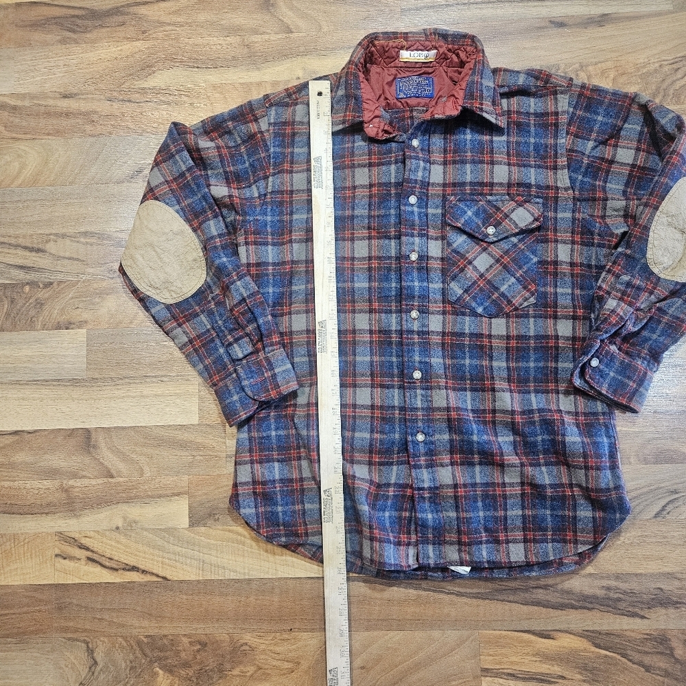 Vintage Pendleton LOBO 100% Wool Plaid Flannel Shirt Blue Brown Padded Elbows L - Picture 7 of 10